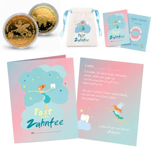 Zahnfee Geschenk Kinder, Schnullerfee Geschenk Set Goldene Zahnfee Münzen mit Urkunde & Zahnzertifikat Geschenkset für Mädchen & Jungen zur Zahnübergabe