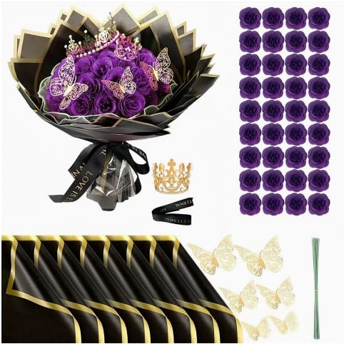 HORREX 24 Stück Glitzer Rosenstrauß, Blumenstrauß Bouquet mit Krone, Romantisches Rose Geschenkidee, DIY Künstliche Blumen für Valentinstag, Hochzeit,Geburtstag,Weihnacht (Lila)