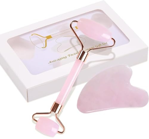 Gua Sha e Rullo di Giada per il Viso, Strumenti per Il Massaggio del Viso, Strumenti di Massaggio per Ringiovanimento e Relax，Idea Regalo Perfetta Per Le Donne