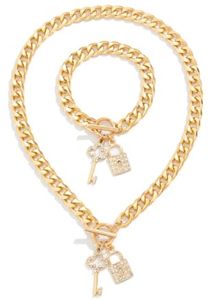 XIAOMOJEW Cuban Link Necklace Set for Women Dainty Rhinestone Lock Key Chain Choker Toggle Clasp Link Bracelets Set Jewelry