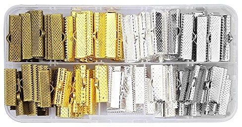 LolliBeads (TM) 160Pcs Mixed Color 20mm and 25mm Ribbon Bracelet Bookmark Pinch Crimp Clamp End Findings Cord Ends Leather Crimp Ends Jewelry Making Findings