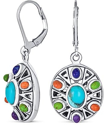 Westlicher Schmuck Mehrfarbige Edelsteine Orange Lila Türkis Oval Medaillon Scheiben Ohrringe für Frauen Oxidiertes .925 Sterlingsilber Klappverschluss.