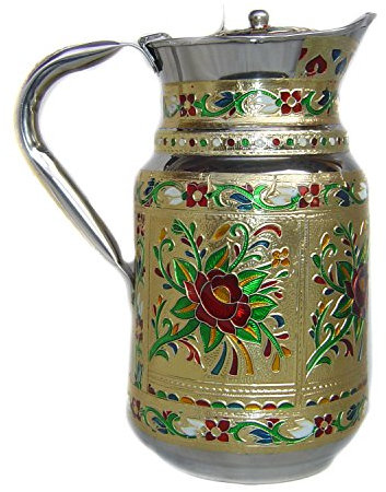 Indian Fine Stainless Steel Water Pitcher, Meenakari Decorative Jug, Table Ware, Drink Ware Home Kitchen Water Storage Vessel - 1.5 Liter Capacity (Green)