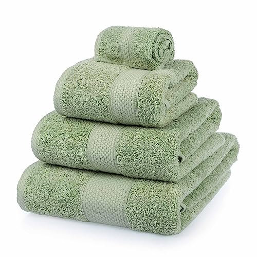 HOMESCAPES Sage Green Turkish Cotton 4 Piece Towel Set Soft & Absorbent 500 GSM Heavyweight Face Cloth, Hand Towel, Bath Towel & Bath Sheet Towel Bale