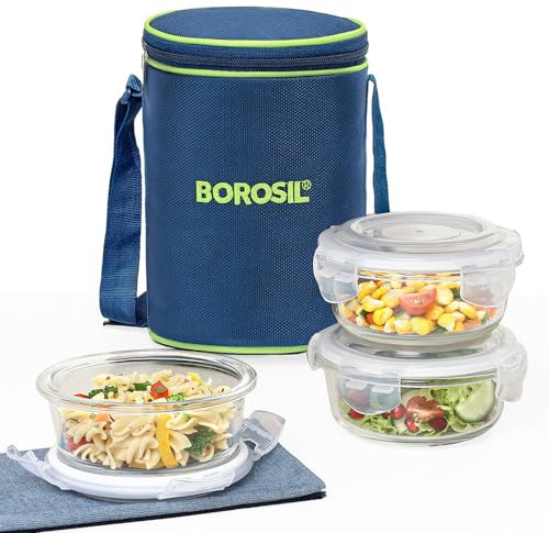 Borosil Klip N Store Microwavable Containers with Lunch Bag, 400ml, Set of 3, Transparent