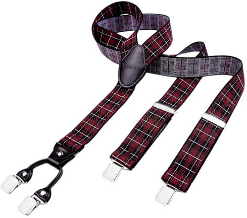 DonDon Hosenträger Herren extra stark mit Karos 3,5 cm Hosenträger Herren breit mit brauem Leder in Y-Form lang - Starke Clips passend für Anzug Jeans Chinos Vintage Rockabilly Suspenders