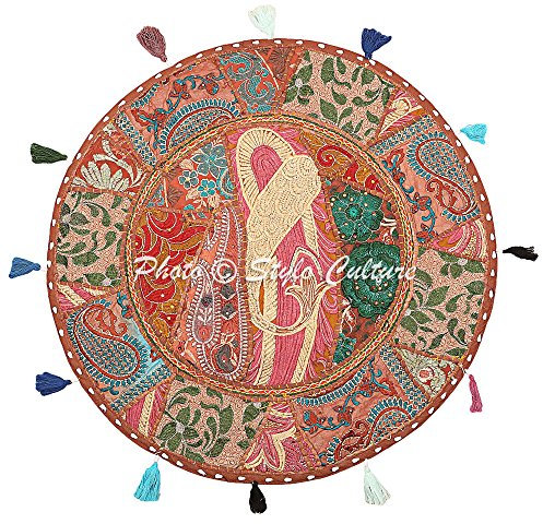 Stylo Culture Indisch Rund Bodenkissenbezug Boho 55x55 cm Dekorativ Sitzpouf Kissen Vintage Braun Bohemien Patchwork Wohnzimmer Baumwolle Bestickt Bodenkissen Balkon