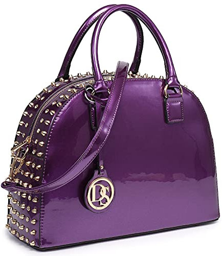 Dasein Borse da donna in pelle verniciata, borsa a tracolla strutturata con tracolla lunga, Viola, Medium