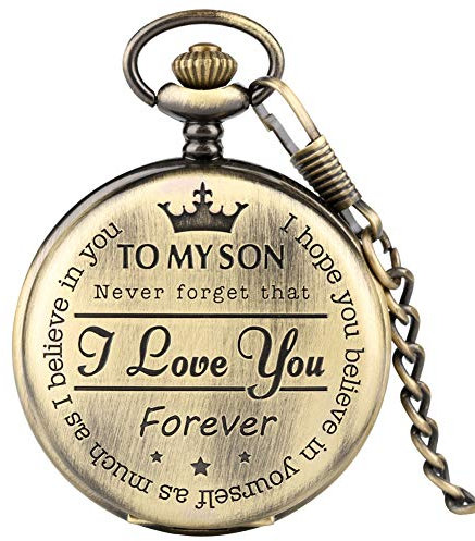 CokinkiDs Zu Meinem Sohn Taschenuhr für Jungen Kinder Römische Zahlen Display Kette Halskette Anhänger Der größte Vater zu Meinem Sohn Fob Uhr Geburtstag Box