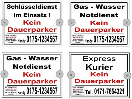 Kein Dauerparker-Schild-mit Haftsauger + Aufdruck Ihrer Tel.-Nr. für die Auto-Innenscheibe-Aluminium Verbund-20 x 15 od. 30 x 20 cm-Warnschild-Hinweisschild-Autoschild (Gas-Wasser 20 x 15 cm)