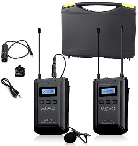 Movo WMX-20 48-Channel UHF Wireless Lavalier Microphone System with 1 Receiver, 1 Transmitter, and 1 Lapel Microphone Compatible with DSLR Cameras (100m Audio Range)