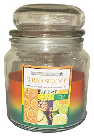 Wunderschöne Duftkerze im Glas mit 3 komplementären köstlichen fruchtigen und tropischen Düften von Orangenschale, frisch geschnittene Ananas und Zitrus-Avocado