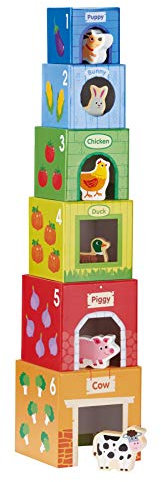 Lelin Toys - Stapelbare Würfel - 6 Freunde auf dem Bauernhof, Mehrfarbig