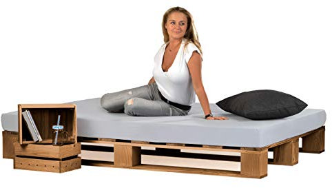 sunnypillow Palettenbett aus Holz Holzbett 200x200 cm Eiche Massivholzbett Bett aus Paletten Palettenmöbel europalette Fichte Eiche 80 90 100 120 140 160 180 200 220 240 x 200cm