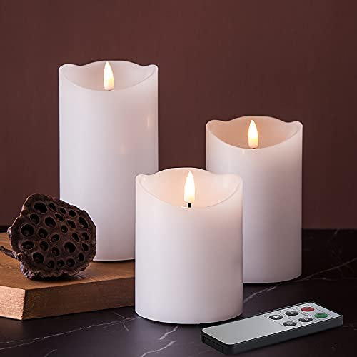 Eywamage White LED Pillar Candles with Remote, Flickering Realistic Flameless Battery Candles Lights Set of 3
