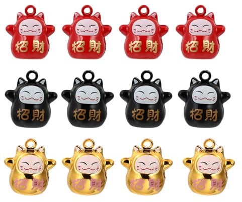 NUOBESTY 12pcs Japanese Fortune Cat Bells Mini Lucky Cat Jingle Bells for Crafts Keychains Wind Chimes Jewelry Making
