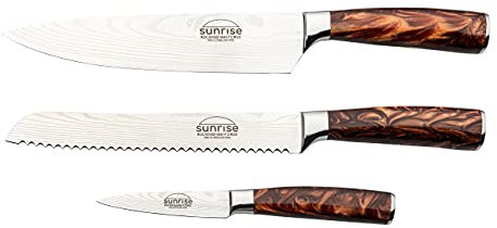 Rockingham Forge Juego de Cuchillos de Cocina de 3 Piezas, Serie Sunrise, Marrón Ambarino – Cuchillo de Cocinero, Cuchillo Para Pelar, Cuchillo Para Pan, RF-2130/3BR