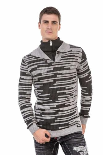 Cipo & Baxx Herren Pullover – Stylischer Strickpullover im modernen Design mit hohem Perfekt für Freizeit, Alltag & Coole Streetwear Outfits - CP245 Grau Anthrazit S