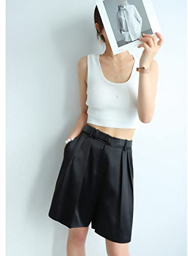 CBZOJBKPZDY Lässige Shorts Für Damen - Sommer Dünne Damen Satin Shorts Mode Schwarz Lockere Cropped Mittlere Hose Hohe Taille Breites Bein Anzug Shorts Elegante Gerade Büro Damen Streetwear,Schwarz,S