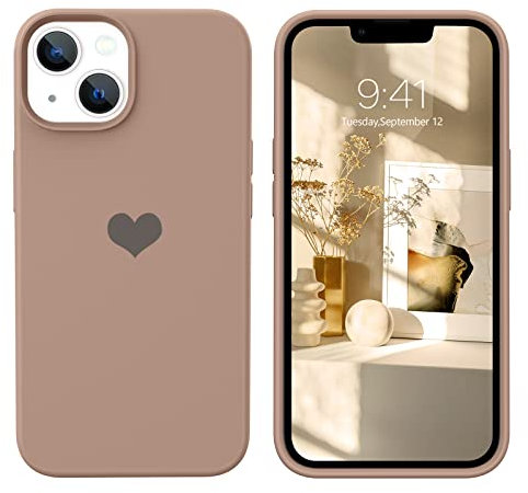 DOMAVER Liquid Silikon Hülle für iPhone 13 mit Herz, Handyhülle iPhone 13 6.1 Case Ultra Dünne Weichem Matt Rundumschutz Stoßfeste Kratzfest Schutzhülle, Braun