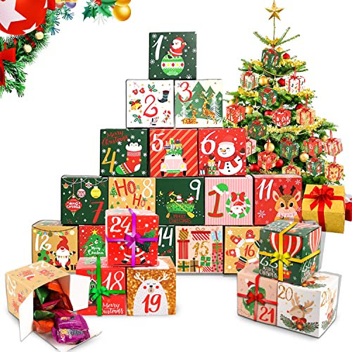 2024 DIY Adventskalender zum Basteln, Adventskalender Tüten mit 24 Kisten, Geschenkbeutel Adventskalender Boxen, Adventskalender Kisten Set, für Weihnachtsfeiern, Süßigkeiten, Keksen
