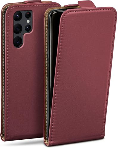 moex Flip Case für Samsung Galaxy S22 Ultra Hülle klappbar mit 360 Grad Schutz, Handyhülle mit Displayschutz, PU Leder Handytasche Lederhülle, Flip Case Cover Klapphülle, Weinrot