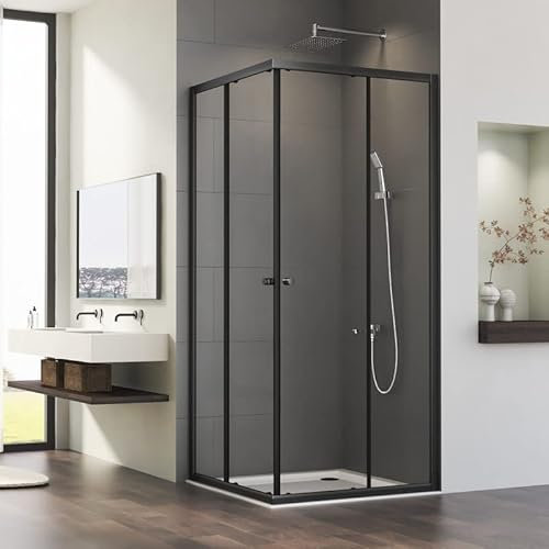Eckeinstieg Schiebetür Duschkabine 80x80 cm Doppel Schiebetüren Duschabtrennung mit 6mm ESG Sicherheitsglas, Mattes Schwarz Duschwand Duschtür Höhe 185cm, Umlaufender Profilrahmen aus Aluminium