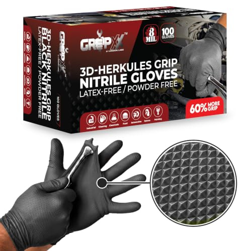 GRIPXX Herkules Grip 8mm Black Nitrile Gloves, 3D Embossed Diamond Texture, Latex & Powder Free, Industrial, Mechanical (100, Medium)