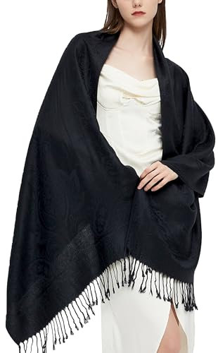 Gragengs Pashmina Schal Wrap mit ethnischen Paisley Two Tone Jacquard Schal für Damen,Paisley-Schwarz