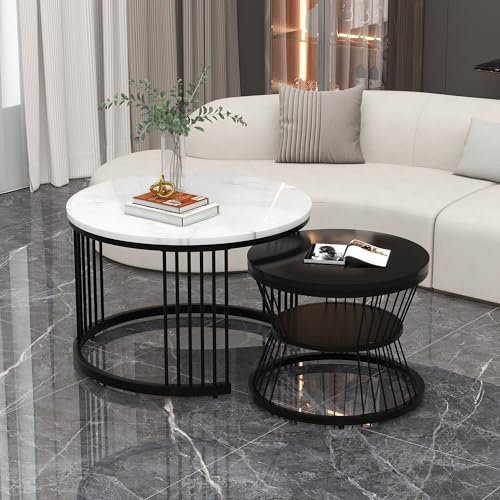 Merax Runder Couchtisch 2er Set, Moderne Beistelltisch mit Hochglanz Marmoriert für Wohnzimmer, Satztisch für Empfangszimmer, Balkon, und Büro, Metallgestell, Schwarz & Weiß