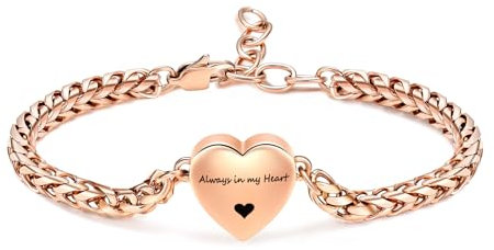 Mnicremation Urnen-Armband für Asche, Herz-Medaillon, Einäscherungsarmband, Gedenkarmband, verstellbare Asche, Gliederhalter, Armreif, Gliederkette für Frauen – Always in my heart, Edelstahl, Kein