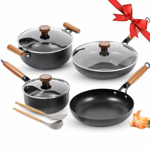AUDANNE Set di pentole e padelle antiaderenti, pentole da cucina antiaderenti, 9 pezzi, tra cui padella con coperchio, casseruola, cucchiaio, spatola, senza PFOA per induzione, nero