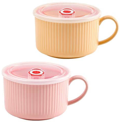 Suppentassen mit Griffen und Deckel, Keramik, Suppenschalen mit Griffen, mikrowellengeeignet, Schüssel mit Deckel, große Suppentassen für Haferflocken, Suppen, Nudeln, Müsli, Rosa, Gelb, 2 Stück
