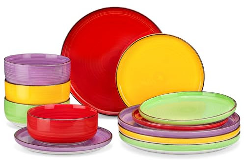 Geschirrset 4 Personen, vancasso Bonita 12-tlg Tafelservice aus Steingut, Schüssel- und Teller Set, rundes Geschirr Kombiservice mit je 4 Speiseteller, Salatteller und Schalen,Bunt