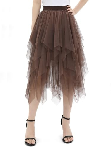 zffriction Tüllrock Damen Lang Tüll Rock Elastische Taille A Linie Unregelmäßiger Mesh Sommerrock Täglich, Party, Karneval
