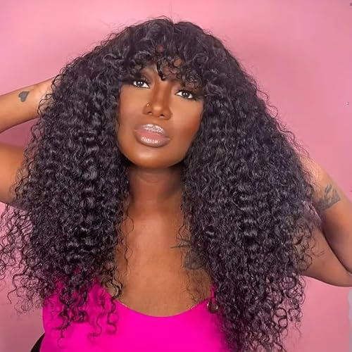 Echthaar Perücke Kurz Bob Wig - Kinky Curly Human Hair Wigs With Bangs Schwarz 180% Density 16Zool