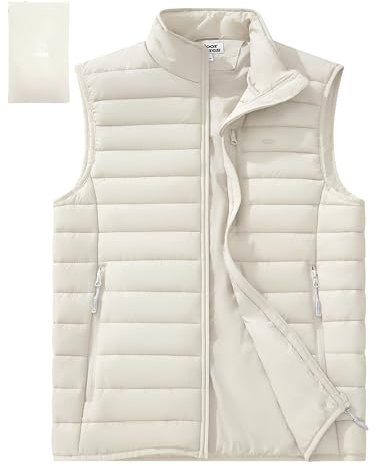 Outdoor Ventures Men's Puffer Gilet Packable Quilted Bodywarmer Padded Vest Outerwear Waistcoats Water-Resistant Windproof Sleeveless Jacket for Golf Running Hiking Horse Riding Apricot L