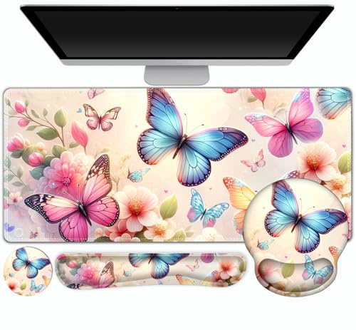 Gaming-Mauspad, große Schreibtischunterlage, niedliche Schreibtischunterlage-Schutz, 4-in-1 XXL-Mauspad + Tastatur-Handgelenkauflage + Maus-Handgelenkauflage + Untersetzer-Set mit ergonomischer