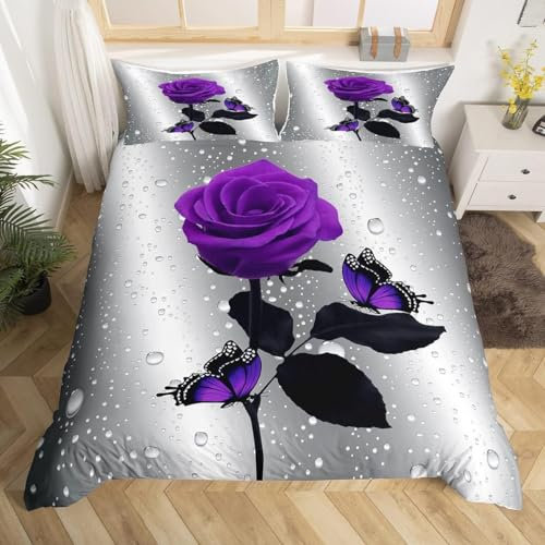 Homemissing 3D Rose Housse de Couette 220x240cm imprimé Parure de Lit Fleurs romantiques Garçons Enfants Chambre à Coucher décoration Violet Papillon Literie