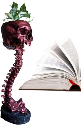 GOBIWM Skull Flower Pot Skull Planter With Spine Stand Skull Plant Pots Made Of Resin Halloween Skull Decoration For Succulents, House Plants And Flower Skeleton Home Decoration 15x15x30 Cm (Red)