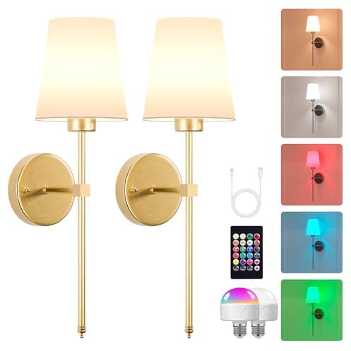 2PC Battery Operated Wall Lights for Living Room, RGB Battery Wall Lamps, Dimmable Rechargeable Wall Lights Indoor, Wireless Wall Sconces for Bedrooms, Cordless Sconces with Remote Control, Gold