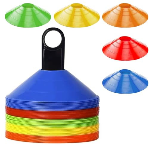 HBWHNIU 50 Pièces Plots de Marquage pour Football Cône, Plots Entraînement Cônes de Marquage, avec Support Noir, 5 Couleurs Plots Sport pour Délimitation Entraînement Football (50)