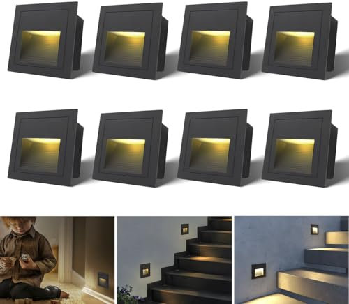 Arotelicht 8er 3W LED Treppenbeleuchtung Wandleuchte 230V Treppenlicht Warmweiß Innen Eckig Aluminium Einbaustrahler Treppenleuchte IP44 Innen Außen Schwarz Stufenlicht, Nicht die Standardgröße 60mm
