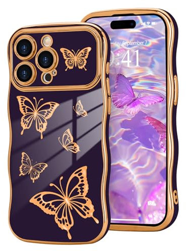 Urarssa for iPhone 14 Pro Max Case, Womens Girls Cute Butterfly Pattern Curly Wave Frame Case, Shockproof Raised Lens Protection Soft Silicone TPU Bumper Luxury Plating Glossy Phone Cover, Dark Purple