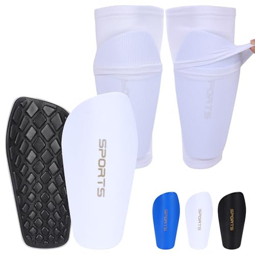 Fußball Schienbeinschoner einschließlich Strumpf mit Einstecktasche und Anti-Rutsch Ärmel Schienbeinschoner Fußball für Kinder Jugendliche Erwachsene (Weiß, L)