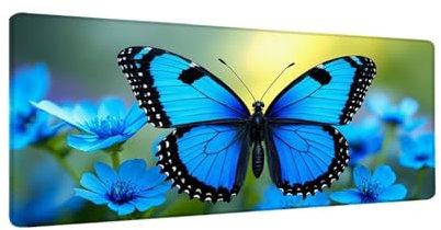Schreibtischunterlage 90x30 cm XXL Mauspad Blauer Schmetterling Mousepad mit Genähten Kanten, Wasserfest Mouse Pad mit rutschfeste Unterseite, Desk Zubehör für Büro Zimmer Deko, Geschenke W-261