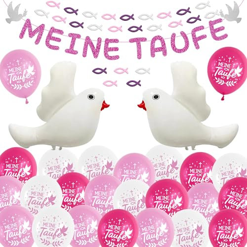 Taufe Deko Tischdeko Kommunion Mädchen - 62 Stück Rosa Taufdeko Konfirmation Dekoration Meine Taufe Banner, weiße Taube Ballon Girlande Holzfische Fische Streudeko für Kinder
