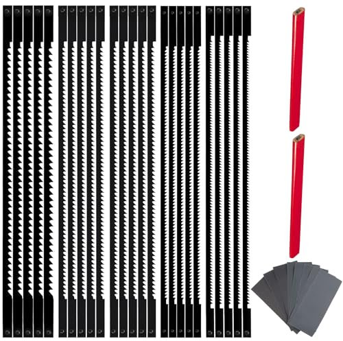 Ensemble de 20 Lames de Scie à Chantourner 10/15/18/20/24 Dents avec 8 papiers abrasifs P120-P2500 et 2 crayons HB 127 mm Lames de Scie à Chantourner Acier pour le travail du bois
