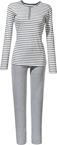 Erwin Müller Damen Schlafanzug, Pyjama, Zweiteiler, Nachtwäsche Single-Jersey, Streifen hellgrau meliert Größe 42, weich und hautfreundlich, Knopfleiste am Oberteil