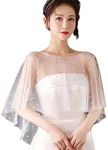XFUYI Damen Schal mit Kunstperlen und Perlenbesatz, Wickeltuch, Bolero, Brautumhang, weicher, transparenter Tüll, Capelet, Hochzeitskleid, Schal, Pullover, Überwurf, Cape